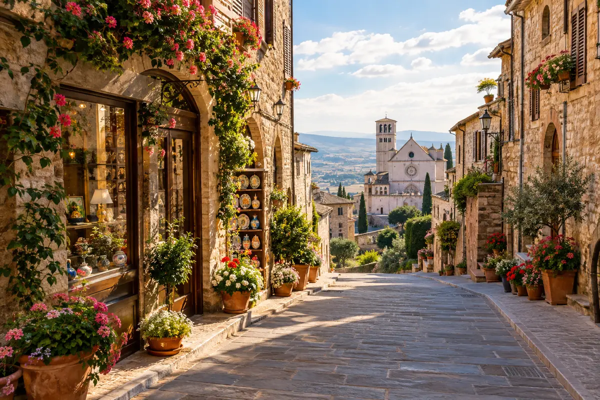 Una tranquila calle de piedra en Asís con flores y tiendas