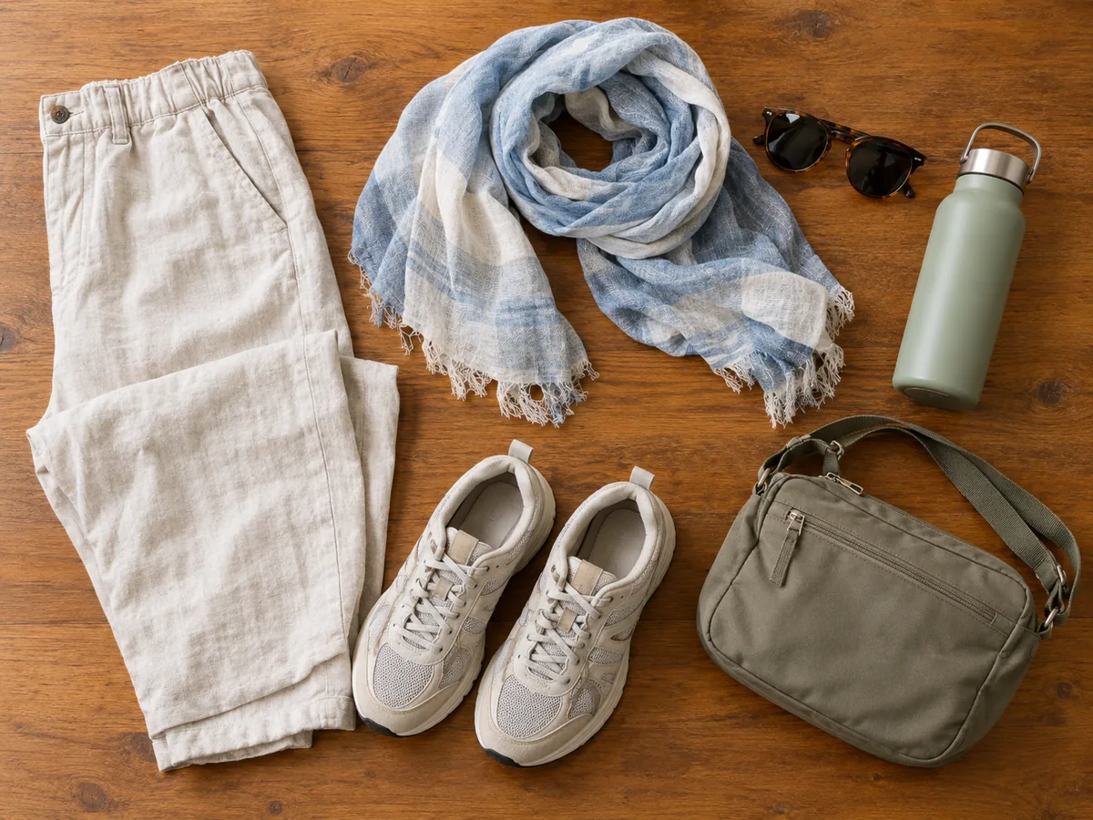Leinenhose, Schal, Wanderschuhe, Sonnenbrille und Wasserflasche auf einem Holztisch